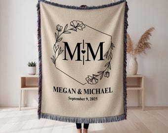 Personalized Wedding Blanket With Couple Initials, Custom Name Throw For Engagement Gift, Woven Anniversary Throw, Bridal Shower Present