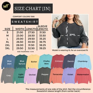 May include: Sweatshirt size chart with measurements in inches. Includes width, length, and sleeve length for sizes S to 3XL. Available colors include Blue Jean, Blue Spruce, Butter, Chalky Mint, Crimson, Demin, Chambray, Grey, Light Green, Orchid, Pepper, Terracotta, Violet, and Watermelon.