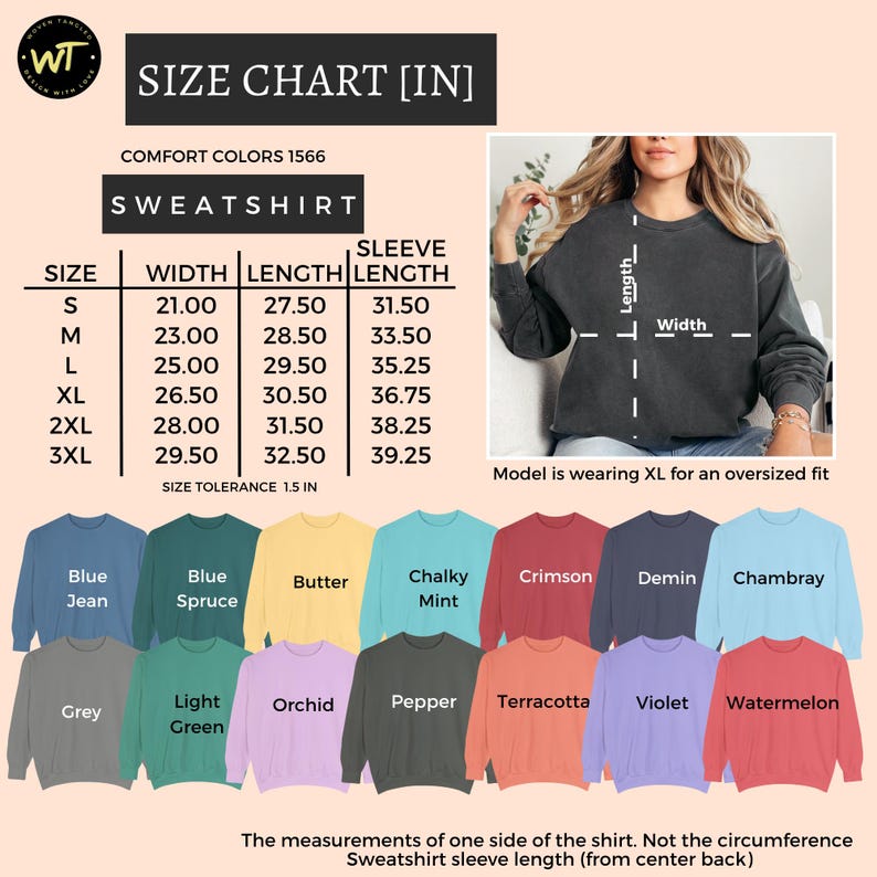 May include: Sweatshirt size chart with measurements in inches. Includes width, length, and sleeve length for sizes S to 3XL. Available colors include Blue Jean, Blue Spruce, Butter, Chalky Mint, Crimson, Demin, Chambray, Grey, Light Green, Orchid, Pepper, Terracotta, Violet, and Watermelon.