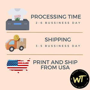 May include: An illustration with text that reads "PROCESSING TIME 2-6 BUSSINESS DAY", "SHIPPING 3-5 BUSSINESS DAY", and "PRINT AND SHIP FROM USA". The image includes a t-shirt, a delivery truck, and a map of the USA.