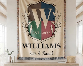 Personalized Couples Throw Blanket, Family Name Wedding Gift With Monogram, Woven Shield Anniversary Blanket, Custom Bridal Shower Present