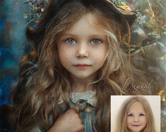 Fantasy girl portrait from photo, original custom portrait for gift. Stylized personal oil portraits for grandparents, mothers and fathers