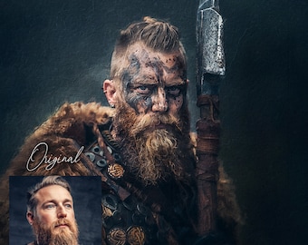 Portrait d'homme stylisé viking personnalisé à partir d'une photo, portrait personnalisé à offrir. Portrait personnel stylisé à l'huile pour lui, père, petit ami ou fils