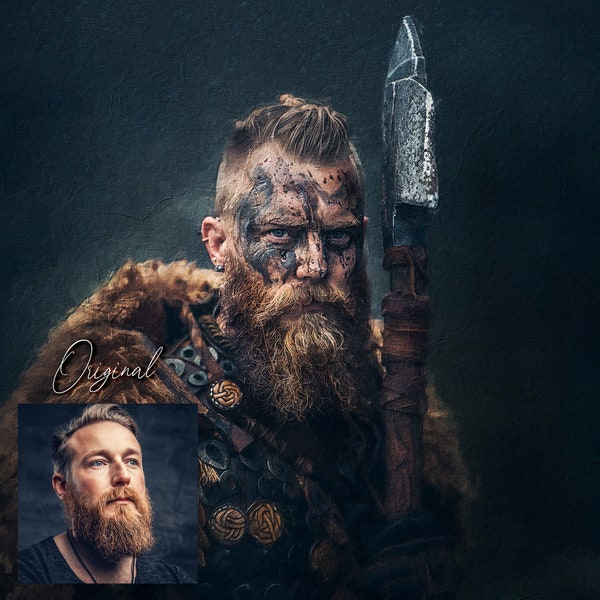 Aangepaste Viking gestileerd mannelijk portret van foto, aangepast portret voor cadeau. Gestileerd persoonlijk olieverfportret voor hem, vader, vriend of zoon