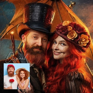 Retrato de pareja SteamPunk, Retrato personalizado de la foto, retrato personalizado, Regalo para parejas aniversario novio novia boda