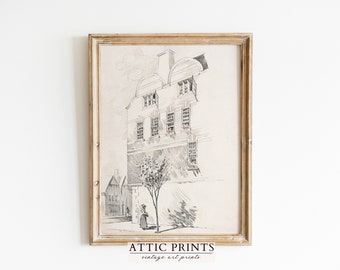 Neutral Vintage Wall Decor Building Sketch INSTANT PRINTABLE Wall Art Download Print French Country Farmhouse Digital Attic Art Prints |#017