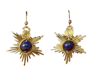 Guane-Ohrringe mit Naturstein Lapislazuli in Bronze, exklusiver Unisex-Stil, inspiriert von Lateinamerika