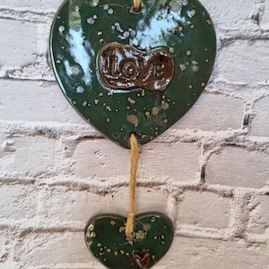 Handcrafted Ceramic Heart Hanging Ornament with Green and Gold Glaze, Hanging Decor, Heart Decor, Rustic Heart Decor