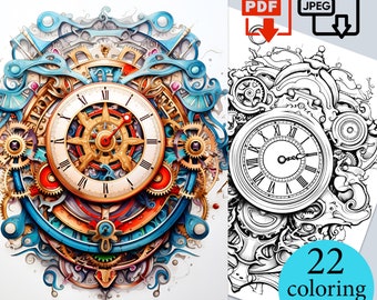 May include: A colorful, intricate clockwork design with gears, cogs, and a large clock face. The design is surrounded by swirling patterns and a blue and orange color scheme. The image is a coloring page with 22 pages in total.