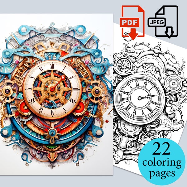 Mechanical Steampunk Mandala Clocks Coloring Book Adults Kids pages Digital Download Printable PDF JPEG Coloriage sheets