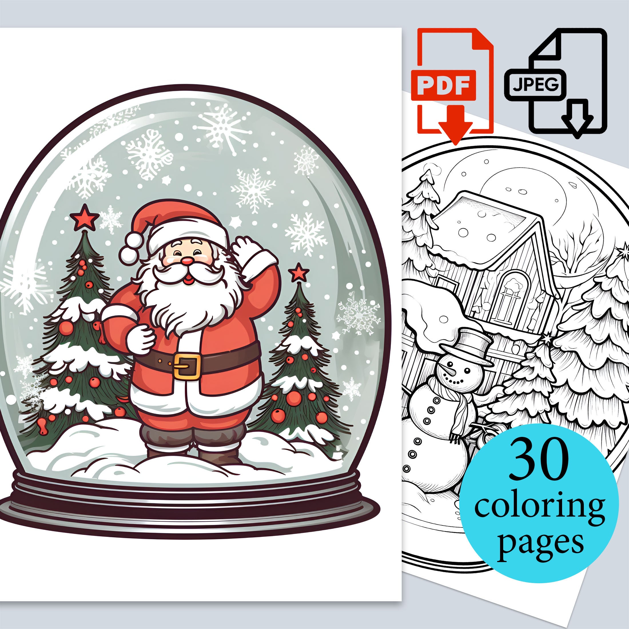 Christmas Snow Globes Coloring Book Santa Digital Pages New Year activity sheets snowman Adults Kids Printable PDF JPEG