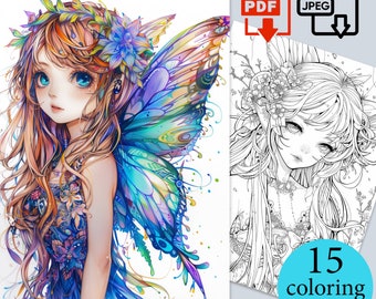 Fairy Anime Girls Coloring Book Digital Beautiful portrait sheets Fantasy coloriage pages Adults Kids Instant Download Printable PDF JPEG