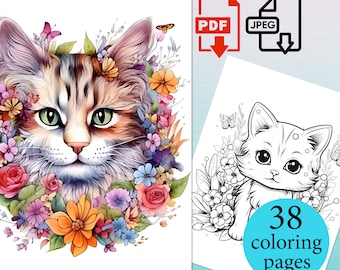 Katten Kleurboek Volwassenen Kinderpagina's Coloriage-bladen Instant Download afdrukbare PDF JPEG