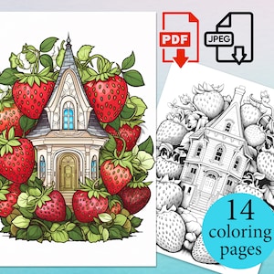 Strawberry fairy Houses Coloring Pages Book Adult activity Kids sheets Instant Download Printable PDF JPEG
