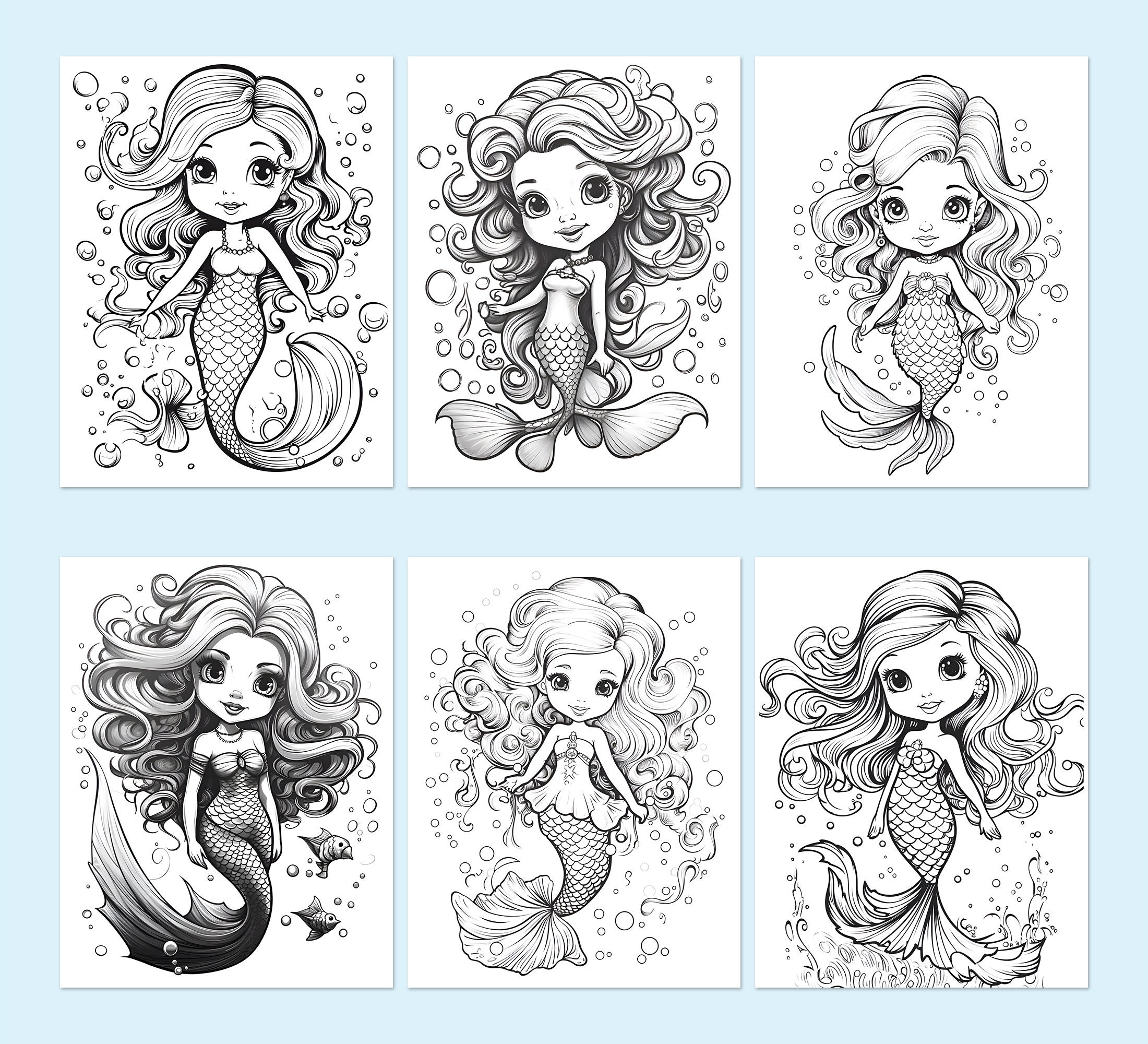 Cute Mermaid Coloring Book Anime Adults Kids Pages Coloriage Sheets ...