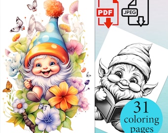 Gnome Coloring Book Adults Kids Instant Download Printable PDF JPEG Beautiful Coloriage pages Digital sheets