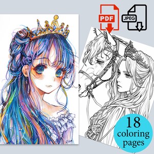 Anime Princess Coloring Book Girl Digital Beautiful sheets Fantasy coloriage pages Adults Kids instant Download Printable PDF JPEG