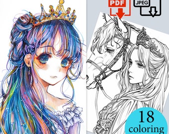 Anime Princess Coloring Book Girl Digital Beautiful sheets Fantasy coloriage pages Adults Kids instant Download Printable PDF JPEG