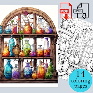 May include: A colouring page featuring a detailed illustration of a wooden shelf filled with glass bottles containing colourful liquids. The bottles are arranged in rows and have intricate designs. The shelf is decorated with vines and flowers. The image is perfect for adults and children who enjoy colouring.