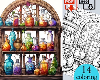 May include: A coloring page featuring a detailed illustration of a wooden shelf filled with glass bottles containing colorful liquids. The bottles are arranged in rows and have intricate designs. The shelf is decorated with vines and flowers. The image is perfect for adults and children who enjoy coloring.