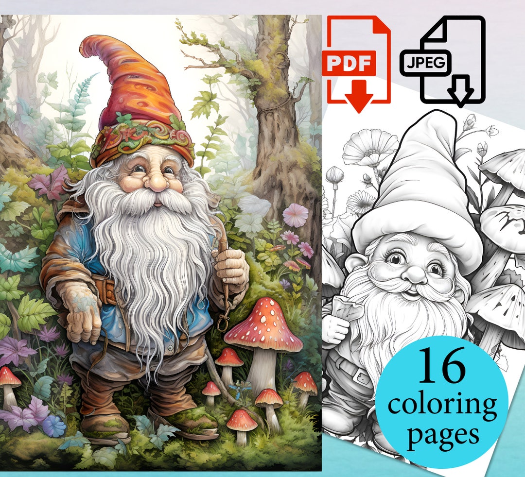 Gnome Coloring Book Adults Kids Activity Pages Coloriage Sheets Instant ...