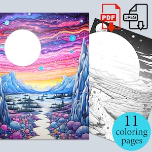 May include: A vibrant, colorful illustration of a fantasy landscape with a large white circle. The scene features mountains, a path, and a colorful sky. Next to it is a black and white coloring page with the text "11 coloring pages".