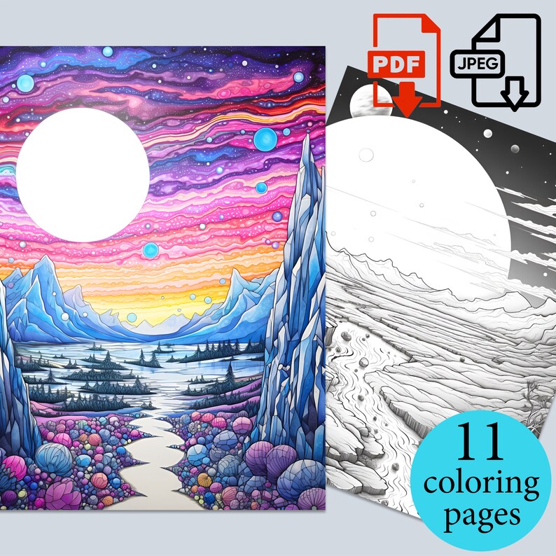 May include: A vibrant, colorful illustration of a fantasy landscape with a large white circle. The scene features mountains, a path, and a colorful sky. Next to it is a black and white coloring page with the text "11 coloring pages".