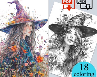 Bellissimo libro da colorare di streghe, fogli attività per bambini, pagine da colorare magiche, adulti, bambini, bambino, download immediato, PDF stampabile, JPEG