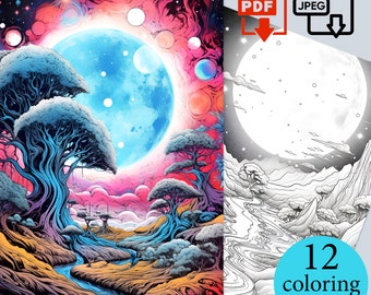 May include: A digital coloring book with 12 pages featuring a whimsical landscape with trees, a river, and a large blue moon. The cover page shows a colorful version of the scene, while the inside page shows a black and white outline.