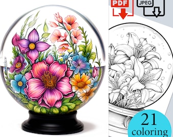 Flowers in Crystal ball Coloring Book floral Nature Pages Adults Kids activity sheets Printable hd PDF JPEG digital