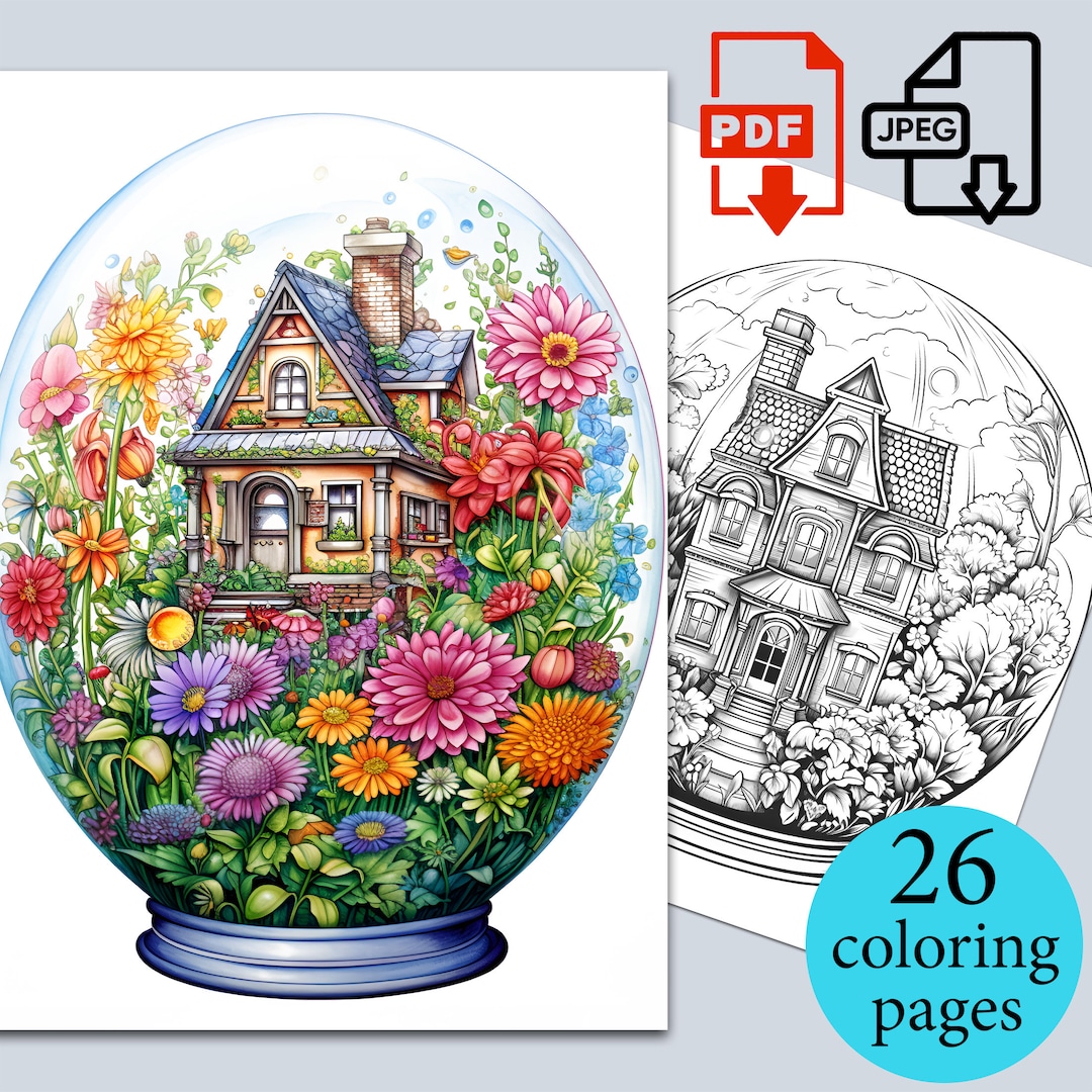 House With Flowers in Crystal Ball Coloring Book Nature Colored Pages