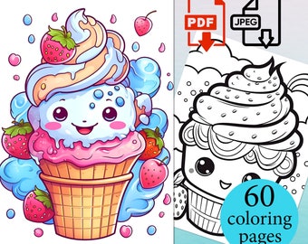 Ice cream Coloring Book Kawaii Kids Activity Pages Toddler sheets Instant Download Printable PDF JPEG Coloriage