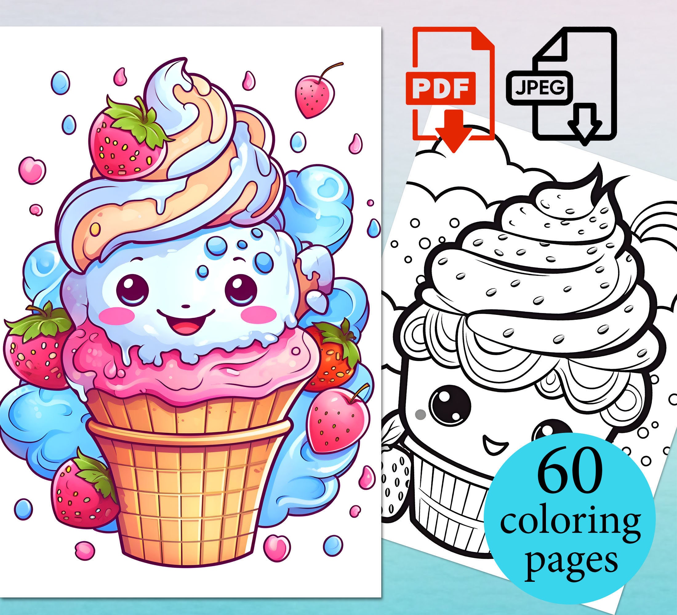 Ice cream Coloring Book Kawaii Kids Activity Pages Toddler sheets Instant Download Printable PDF JPEG Coloriage