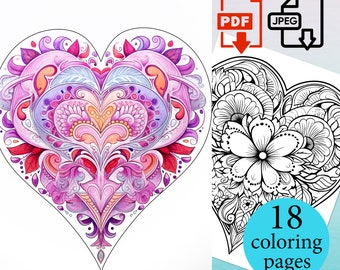 Op de afbeelding: Een printbare kleurplaat met een gedetailleerd hartontwerp met ingewikkelde bloemmotieven. Het hart is gevuld met levendige kleuren, waaronder roze, paars en rood. De afbeelding bevat de tekst "18 kleurplaten".