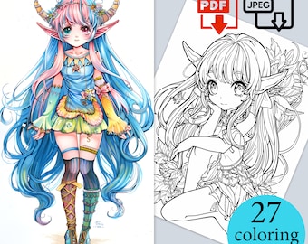 Elf Kleurplaten Anime Meisje Digitale Kunst Mooie Elfenbladen Fantasie coloriage Boek Volwassenen Kinderen instant Download Afdrukbare PDF JPEG cadeau
