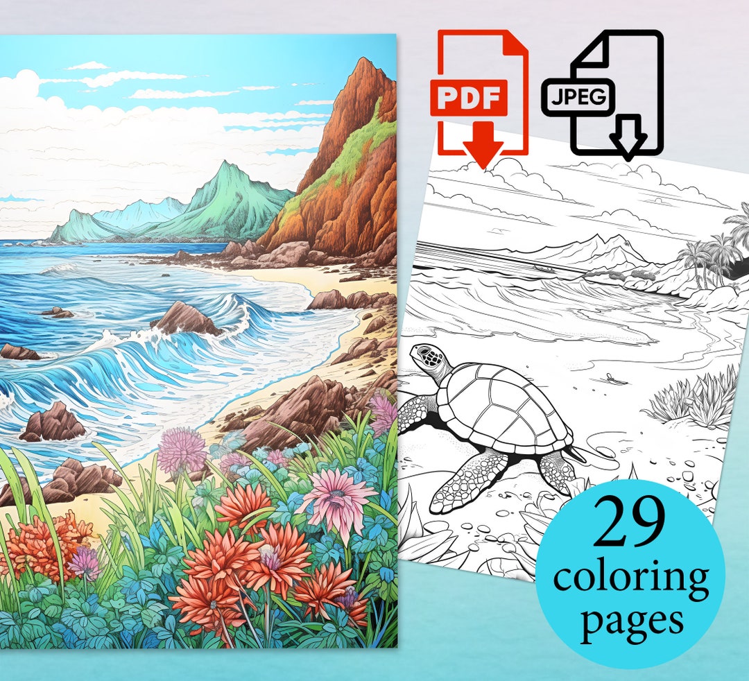 Beach Landscape Coloring Pages Colored Book for Adults Activities Kids ...