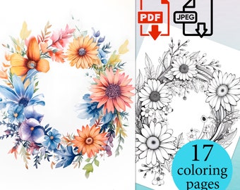 Floral Wreath Coloring Pages Flowers coloriage Book Kids adult digital activity sheets Instant Download Printable PDF JPEG