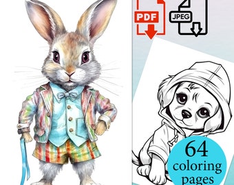 May include: A set of 64 coloring pages featuring a rabbit wearing a colorful jacket and shorts and a dog wearing a hooded jacket.