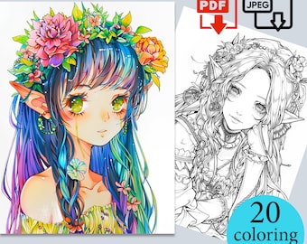 Anime Elf Kleurplaten Meisje Digitale Mooie Elfenbladen Fantasie coloriage Boek Volwassenen Kinderen instant Download Afdrukbare PDF JPEG cadeau