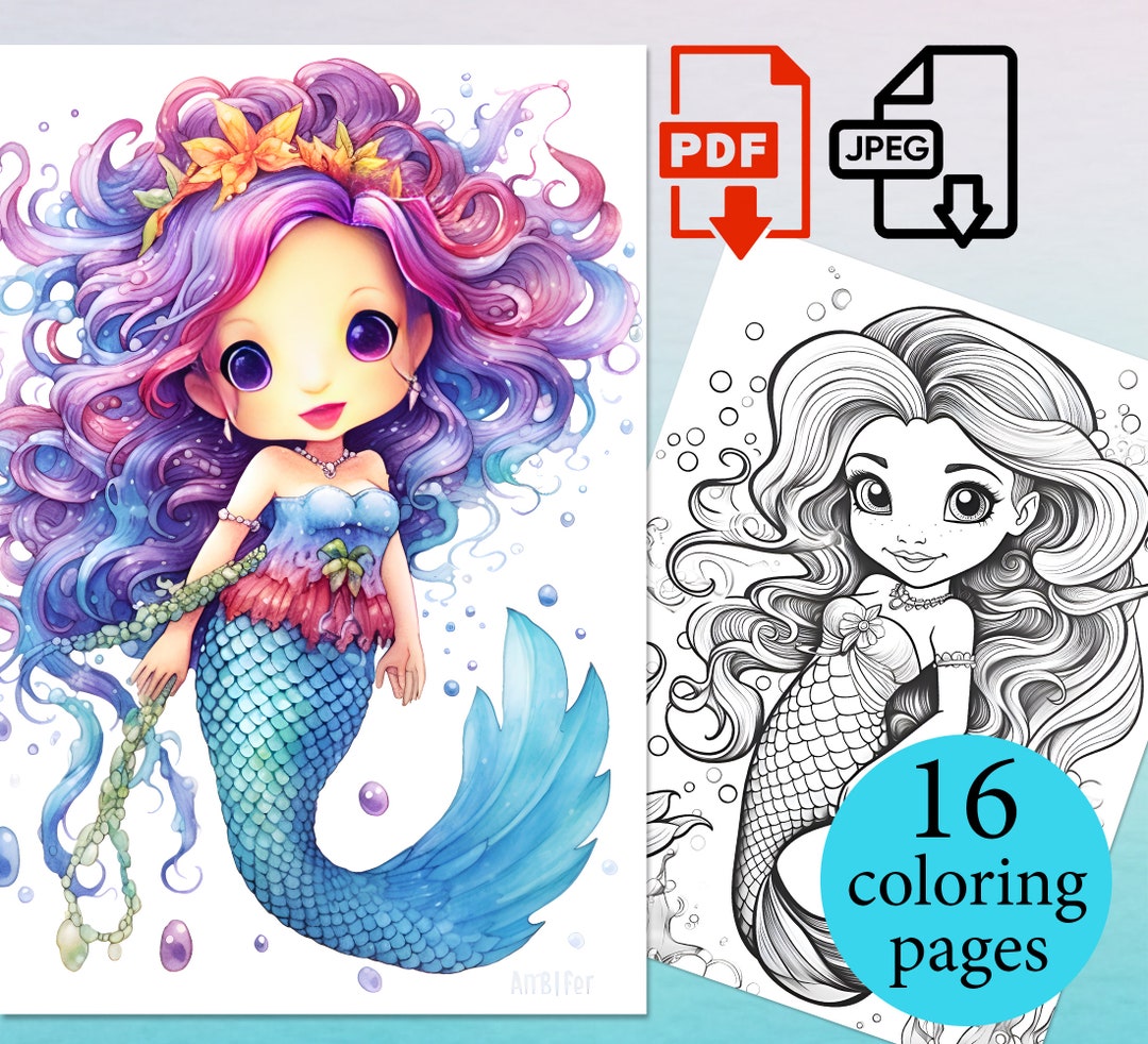 Cute Mermaid Coloring Book Anime Adults Kids Pages Coloriage Sheets ...
