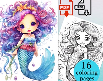 Cute Mermaid Coloring Book Anime Adults Kids pages Coloriage sheets Instant Download Printable activity for kids PDF JPEG