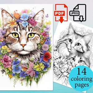 Cats with flowers Coloring Book Adults Kids pages Coloriage sheets Instant Download Printable PDF JPEG