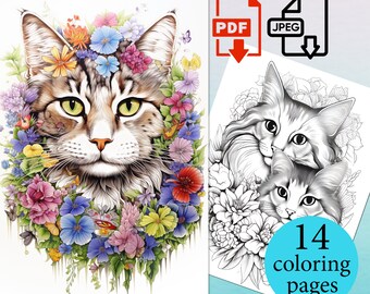 Cats with flowers Coloring Book Adults Kids pages Coloriage sheets Instant Download Printable PDF JPEG