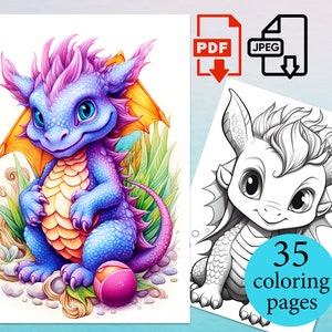 May include: A digital coloring page featuring a cute, cartoon dragon with pink and blue scales, holding a pink ball. The dragon has large, blue eyes and a friendly expression. The background is a green and yellow leafy design.