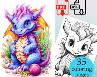 Baby Dragons Coloring Book Adults Kids Instant Download Printable PDF JPEG Beautiful Coloriage pages fantasy sheets