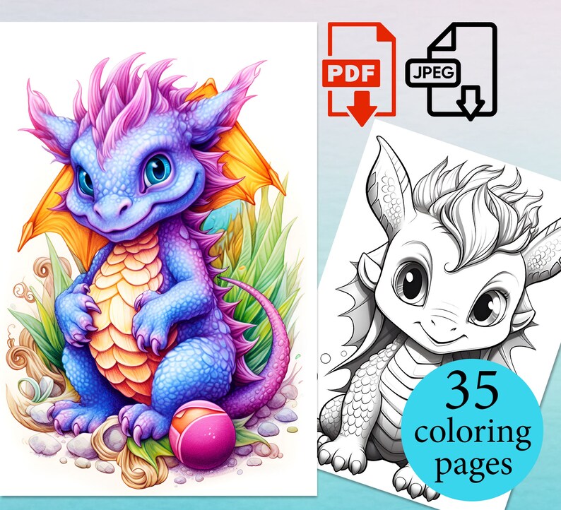 May include: A digital coloring page featuring a cute, cartoon dragon with pink and blue scales, holding a pink ball. The dragon has large, blue eyes and a friendly expression. The background is a green and yellow leafy design.