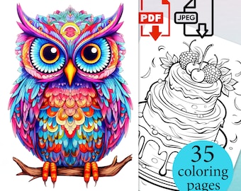 May include: A colorful, detailed illustration of an owl with a rainbow of colors, sitting on a branch. The owl has large, round eyes and a detailed pattern of feathers. The image is part of a set of 35 coloring pages.