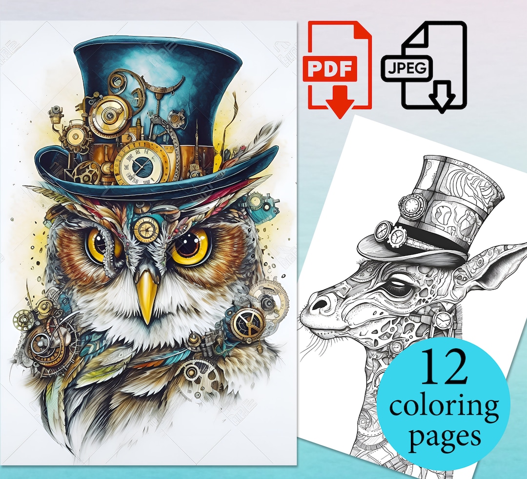 Mechanical Steampunk Animals Coloring Book Adults Kids Pages Instant ...
