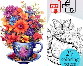 Teetasse mit Blumen Malbuch Kinder Erwachsene schöne Blumen Coloriage Seiten Aktivität Blätter Instant Download druckbare PDF JPEG Tasse