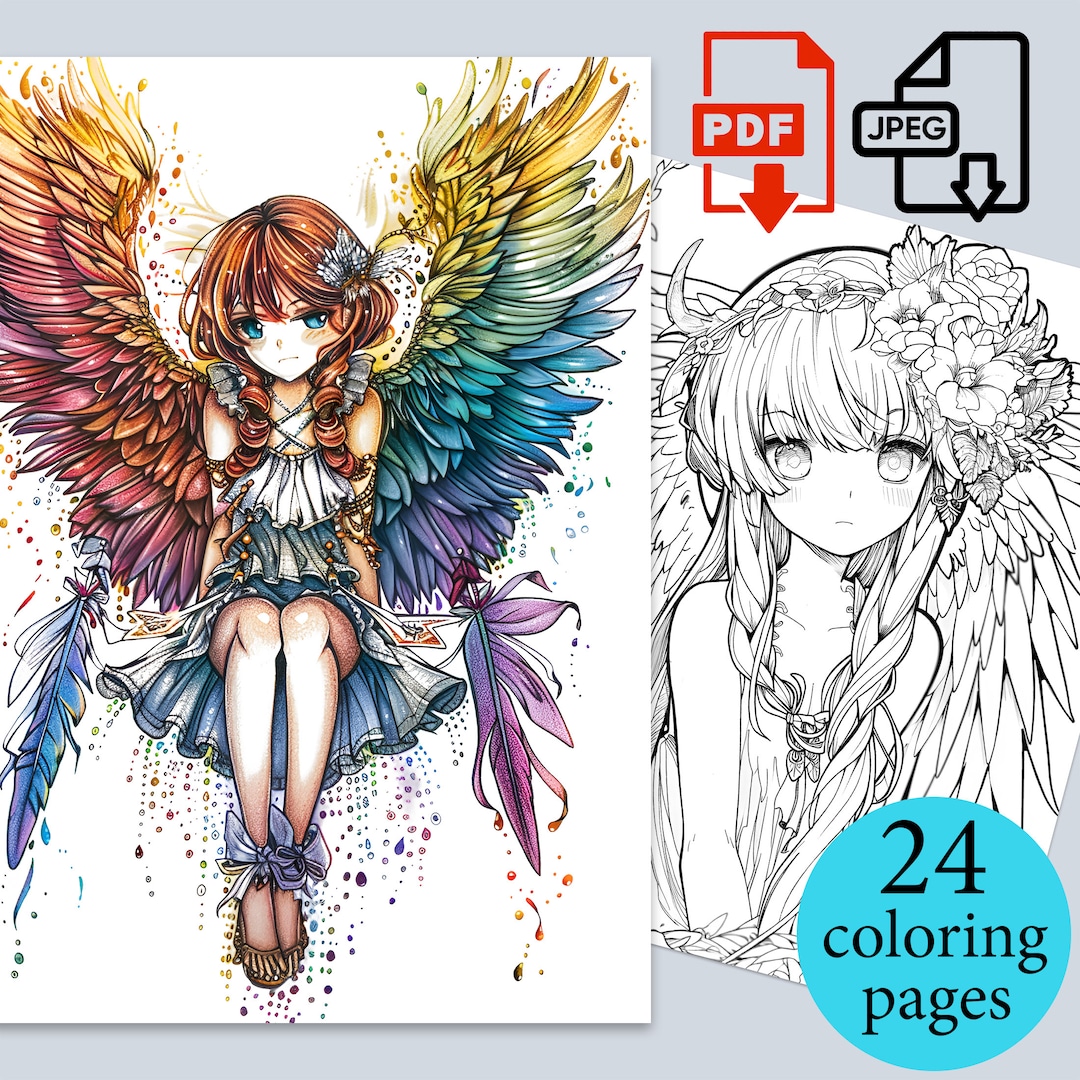 Angel Coloring Pages Anime Girl Digital Book Beautiful Portrait Sheet ...